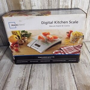 Mainstays Digital Kitchen Scale Silver Tempered Glass Platform Weighs  to 11 lbs